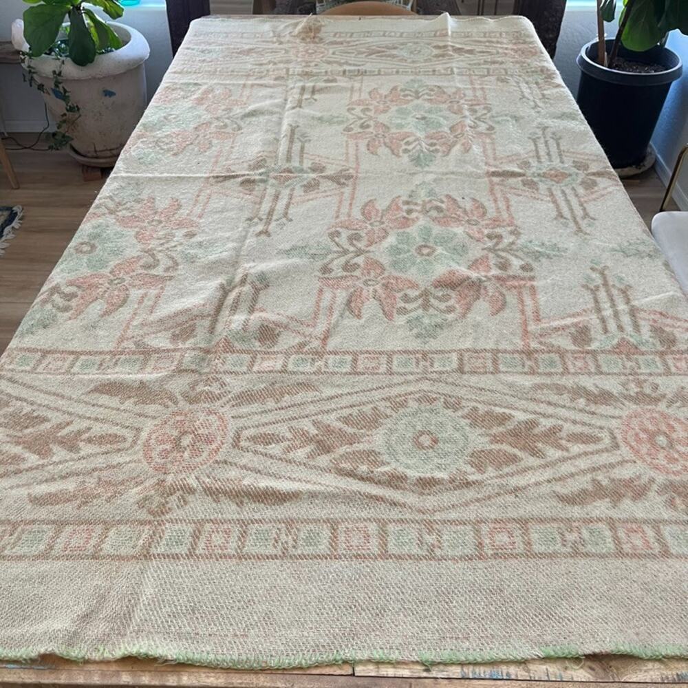 Woven Wool Tapestry Throw Blanket 69 x 80 in Turkish Inspired Tan Green & Pink